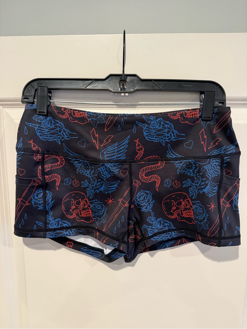 NEW - Feed Me Fight Me Black Athletic Shorts - Red and Blue Skull w/ Pockets